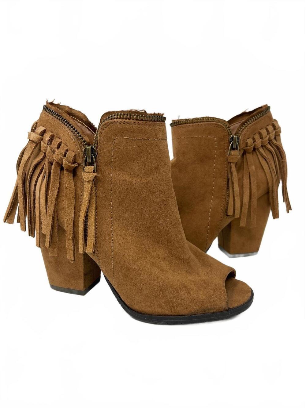 DV Dolce Vita Tan Suede Fringe Peep Toe Block Heel Booties | Size 6.5